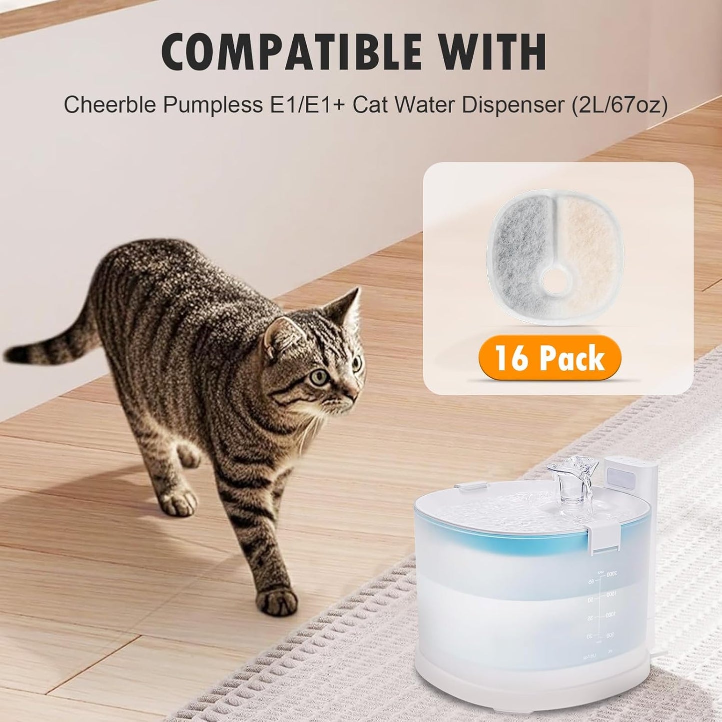 Filter Replacements Compatible with E1/E1+ Cat Fountain (2L/67oz), 16 Pack refills of 1 Year Set for Pet Water Fountain