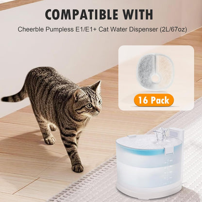 Filter Replacements Compatible with E1/E1+ Cat Fountain (2L/67oz), 16 Pack refills of 1 Year Set for Pet Water Fountain