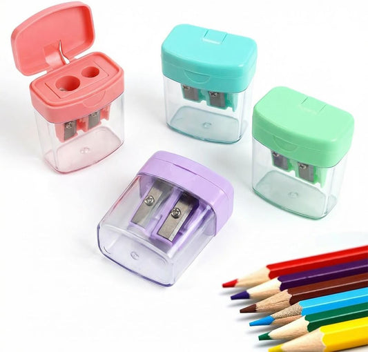 4 Pcs Pencil Sharpeners with Lid, Dual Holes Handheld Pencil Sharpener, Compatible with Standard and Jumbo Pencils, Compact Cute Sharpener for School, Home and Office (Set)