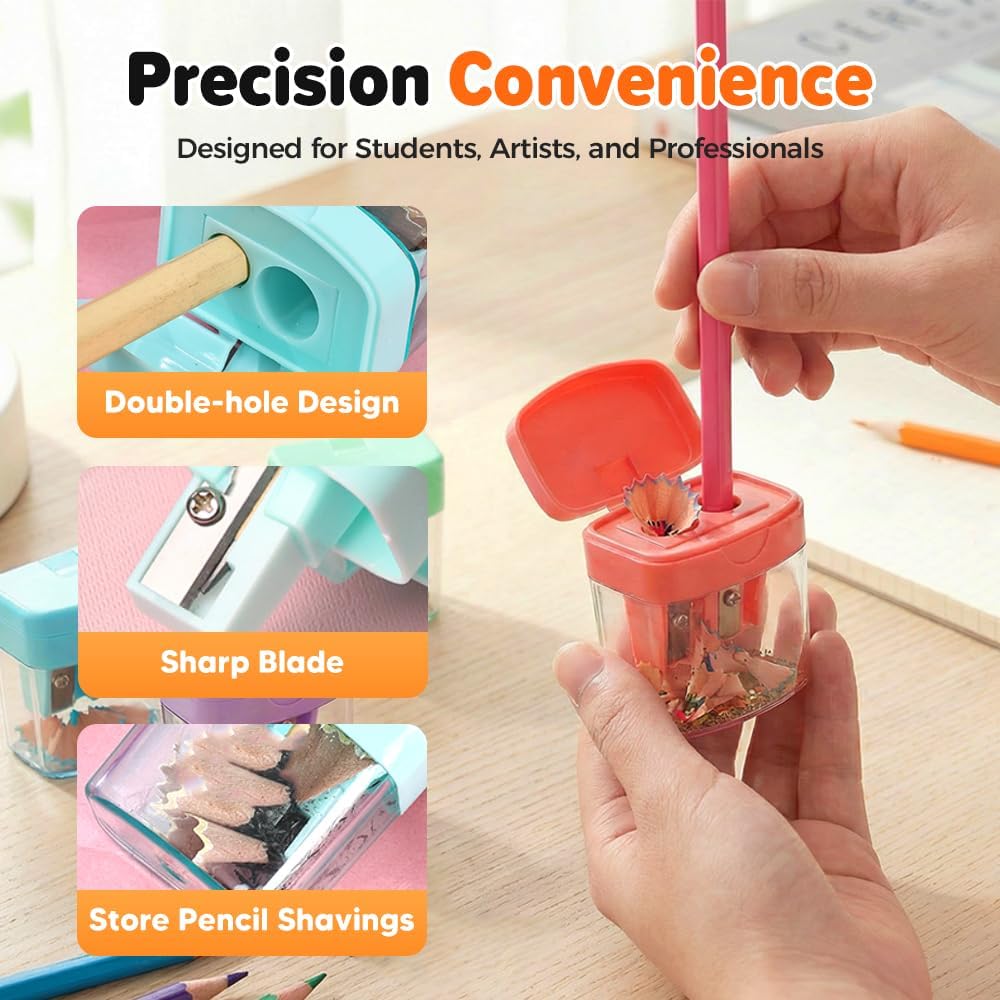 4 Pcs Pencil Sharpeners with Lid, Dual Holes Handheld Pencil Sharpener, Compatible with Standard and Jumbo Pencils, Compact Cute Sharpener for School, Home and Office (Set)
