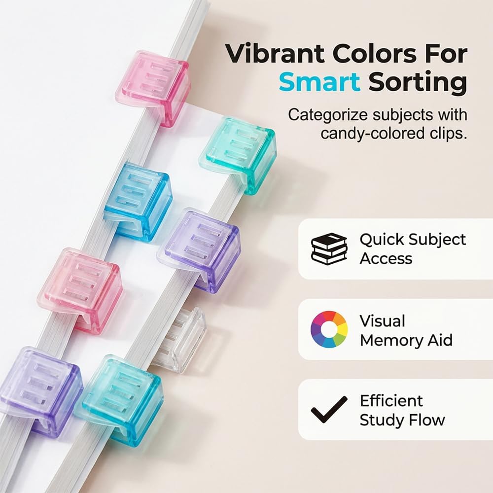 Clip-on Bookmarks – 30 Pack Transparent Color Push Paper Clips with Storage Box, Reusable Plastic Paper Clamps for Books, Study Notes, Office Documents (Random)