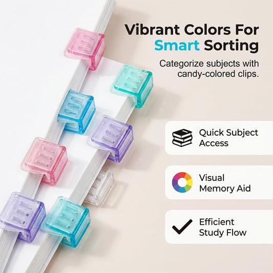 Clip-on Bookmarks – 30 Pack Transparent Color Push Paper Clips with Storage Box, Reusable Plastic Paper Clamps for Books, Study Notes, Office Documents (Random)