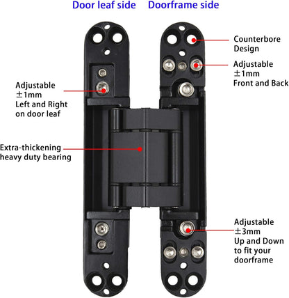 6 inch Hidden Door Hinges Invisible Hinges Concealed Hinges Zinc Alloy 180 Degree Swing Hinge 3 Way Adjtable Butt Hinge 6 x 2.5 x 1 inch (Black Pack of 3)