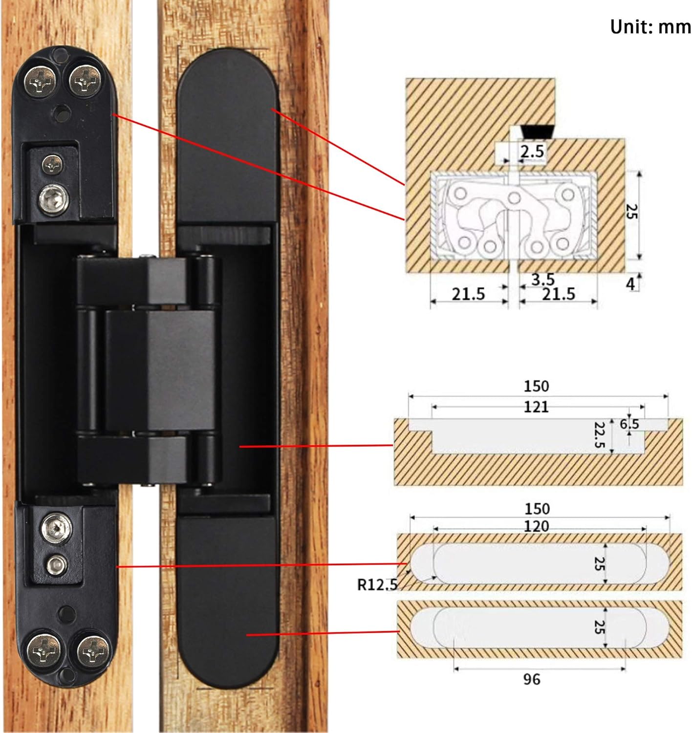 6 inch Hidden Door Hinges Invisible Hinges Concealed Hinges Zinc Alloy 180 Degree Swing Hinge 3 Way Adjtable Butt Hinge 6 x 2.5 x 1 inch (Black Pack of 3)