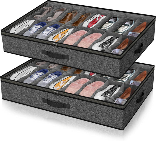 Under Bed Shoe Storage Organizer for Closet, Fits 32 Pairs Underbed Shoes Box Storage Containers Under the Bed Storage Foldable with Sturdy Handles&Clear Window for College Dorms Grey, Set of 2