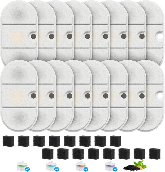 16 Pack Cat Water Fountain Filter Replacement for PLWF002 71oz/2.1L Capsule Pet Water Fountain with 8 Pre-Filter Sponges, Pet Fountain Filter Replacement with Four Filtration System, BPA-Free