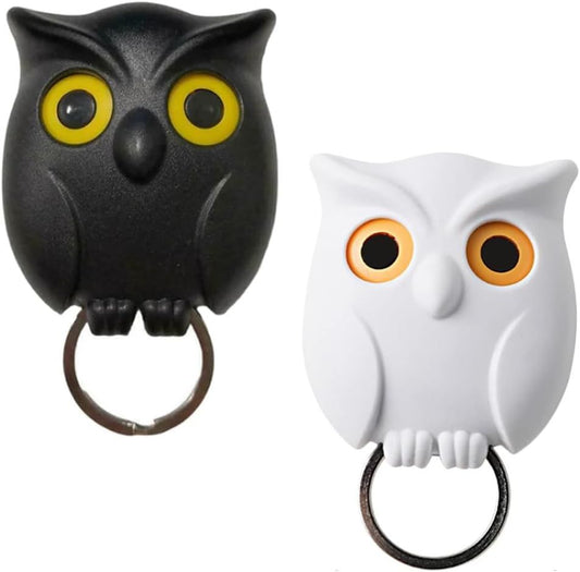 Owl Key Holder, Night Owl Magnetic Wall Key Holder Owl Key Hooks, Automatic Open Close Eyes Owl Key Holder with Wall Self-Adhesive Tape (Black+White)