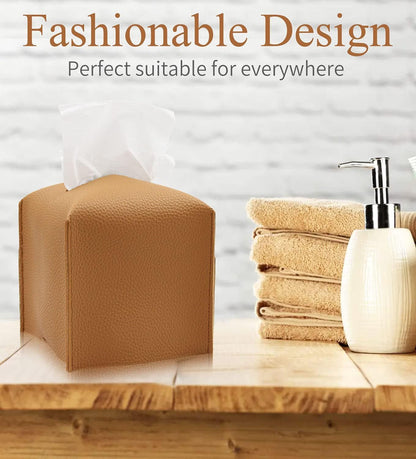 Tissue Box Cover, Modern PU Leather Tissue Box Holder - Decorative Holder/Organizer for Bathroom Vanity Countertop, Night Stands, Office Desk & Car