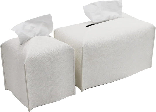 Tissue Box Cover, Modern PU Leather Tissue Box Holder - Decorative Holder/Organizer for Bathroom Vanity Countertop, Night Stands, Office Desk & Car - Off White