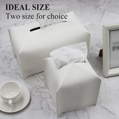 Tissue Box Cover, Modern PU Leather Tissue Box Holder - Decorative Holder/Organizer for Bathroom Vanity Countertop, Night Stands, Office Desk & Car - Off White