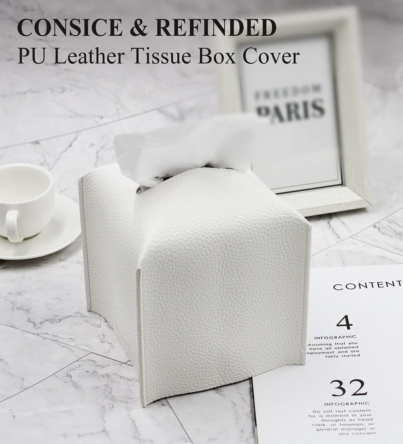 Tissue Box Cover, Modern PU Leather Tissue Box Holder - Decorative Holder/Organizer for Bathroom Vanity Countertop, Night Stands, Office Desk & Car - Off White
