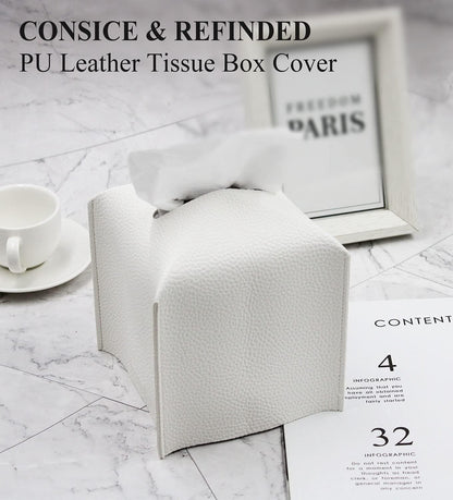 Tissue Box Cover, Modern PU Leather Tissue Box Holder - Decorative Holder/Organizer for Bathroom Vanity Countertop, Night Stands, Office Desk & Car - Off White