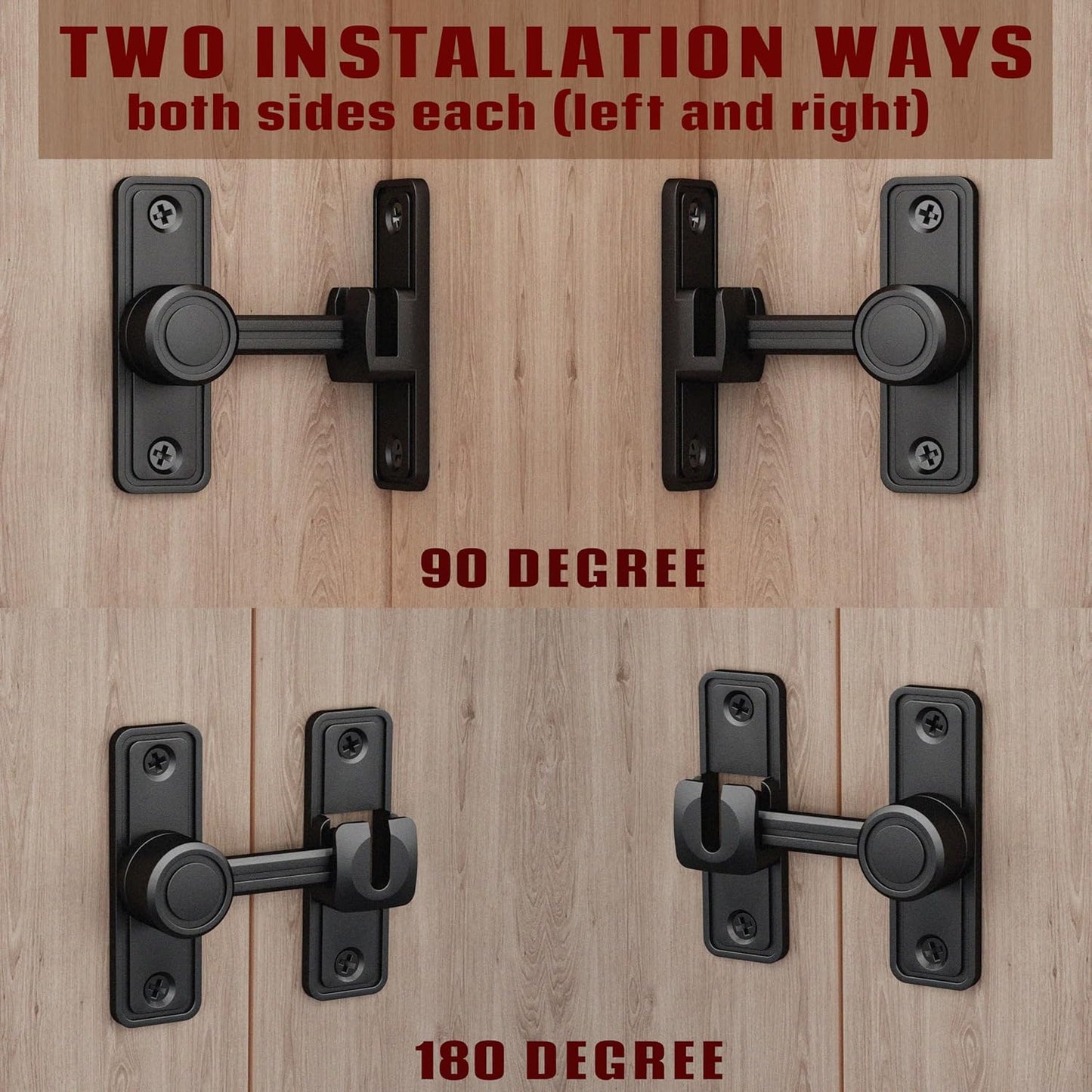 Barn Door Privacy Latch, 90°/180° Swing Slide Lock, Zinc-Alloy, Adhesive or Screw Mount, Interior Use for Bathroom/Bedroom/Closet/Shed, Includes Screws & Glue - Black