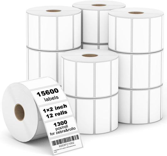 【15600 Labels/12 Rolls】 3-Proof 1" Core  2" x 1" Direct Thermal Label (51mm x 25mm) Multipurpose Shipping Address Barcodes Labels Compatible for Zebra & Rollo Desktop Label Printer