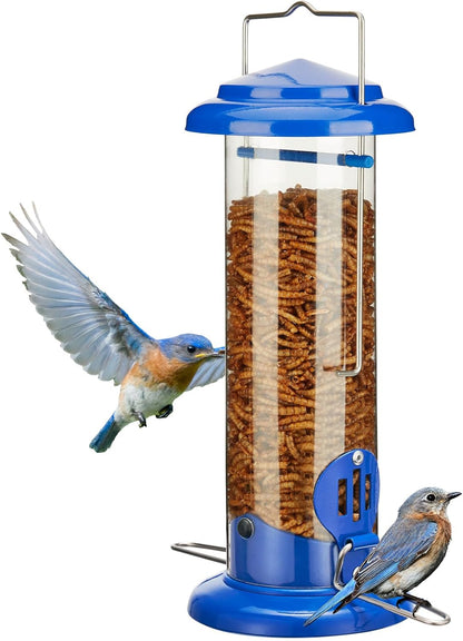 Upgraded Bluebird Feeder for Outdoors Hanging, Metal Mealworm Tube Bird Feeder with Widen Perch for Wild Birds, Squirrel Chew Proof, Easy to Refill & Clean(Blue)