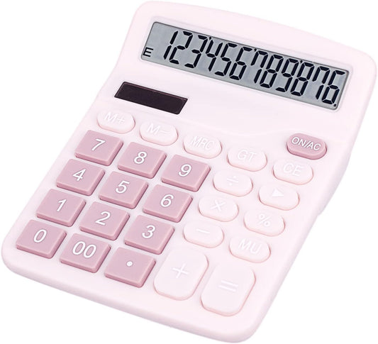 Cute Pink Desktop Calculator with Big Buttons, Dual Power Source, Solar and Battery, Large Display Screen - Perfect for Office, Teachers, and Students (Pink)