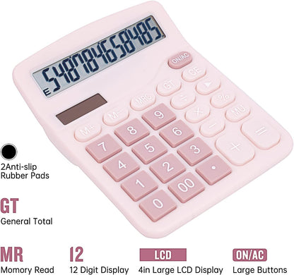 Cute Pink Desktop Calculator with Big Buttons, Dual Power Source, Solar and Battery, Large Display Screen - Perfect for Office, Teachers, and Students (Pink)