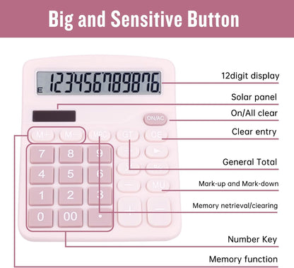 Cute Pink Desktop Calculator with Big Buttons, Dual Power Source, Solar and Battery, Large Display Screen - Perfect for Office, Teachers, and Students (Pink)