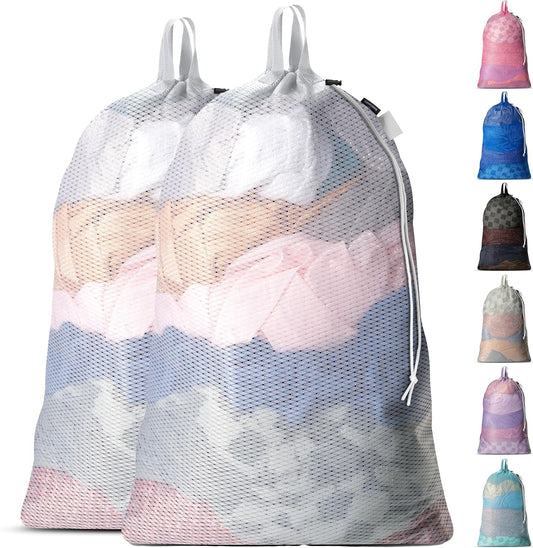 Large Mesh Laundry Bags - 2-Pack Heavy Duty with Handles & Drawstring - Machine Washable Net Laundry Sacks for College Dorm, Camp, Travel, Bedding & Clothes Storage (White)