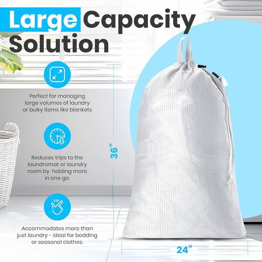 Large Mesh Laundry Bags - 2-Pack Heavy Duty with Handles & Drawstring - Machine Washable Net Laundry Sacks for College Dorm, Camp, Travel, Bedding & Clothes Storage (White)