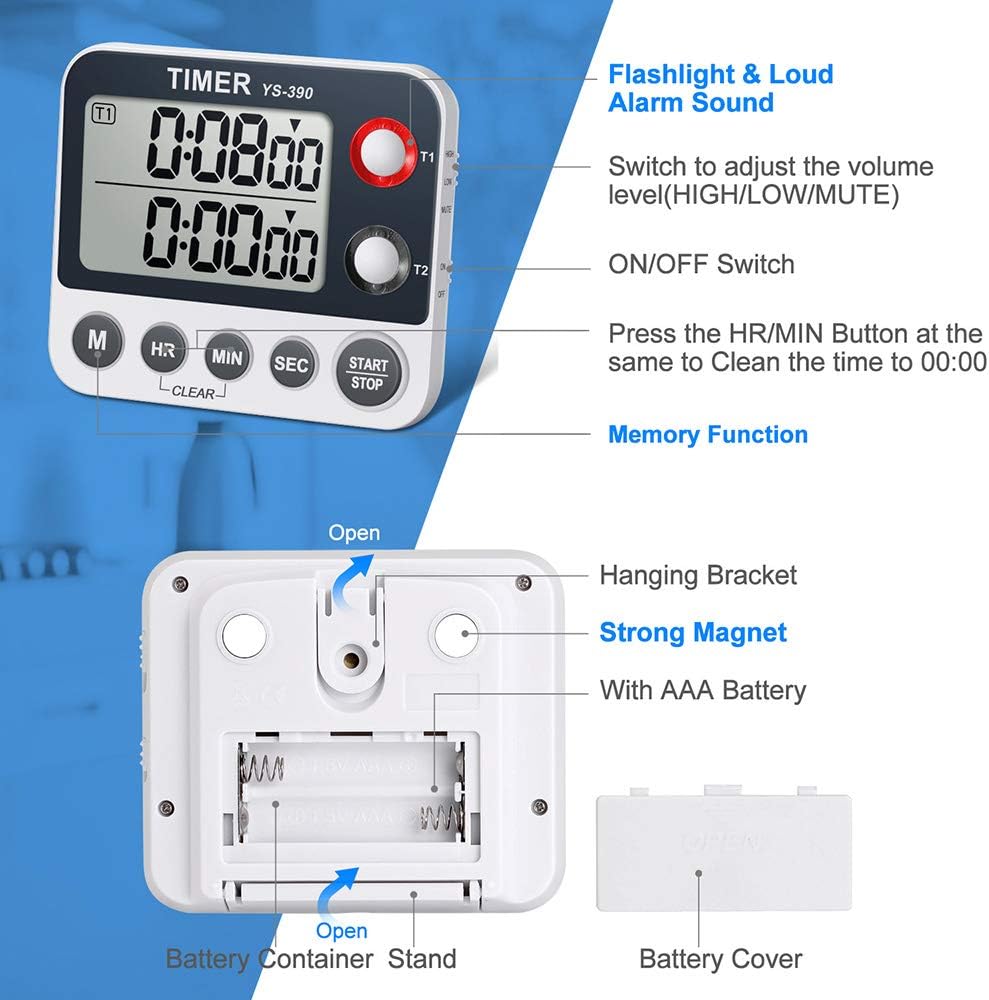 Digital Kitchen Cooking Timer, Dual Count Up & Down with Magnetic Back, Large Display, Adjustable Volume and Flashing Alarm Light, ON/Off Switch Stopwatch, Battery Included