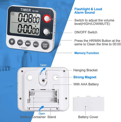 Digital Kitchen Cooking Timer, Dual Count Up & Down with Magnetic Back, Large Display, Adjustable Volume and Flashing Alarm Light, ON/Off Switch Stopwatch, Battery Included