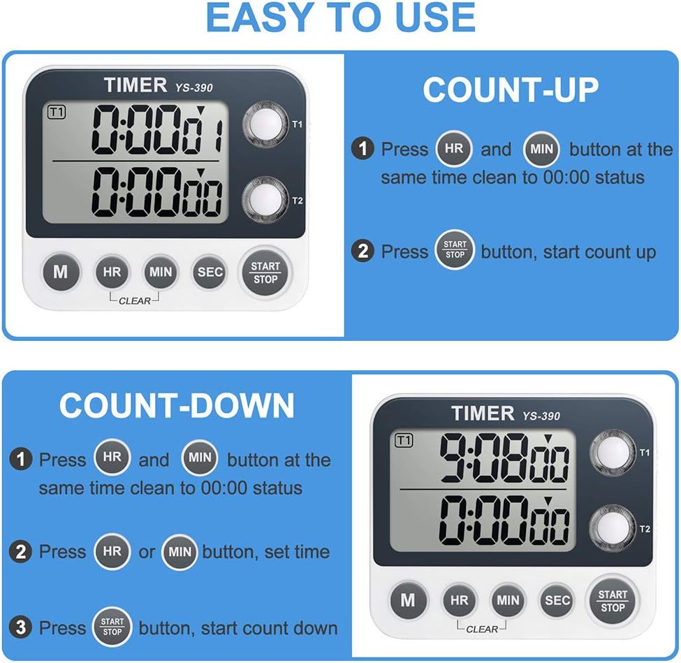 Digital Kitchen Cooking Timer, Dual Count Up & Down with Magnetic Back, Large Display, Adjustable Volume and Flashing Alarm Light, ON/Off Switch Stopwatch, Battery Included