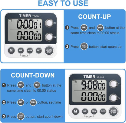 Digital Kitchen Cooking Timer, Dual Count Up & Down with Magnetic Back, Large Display, Adjustable Volume and Flashing Alarm Light, ON/Off Switch Stopwatch, Battery Included