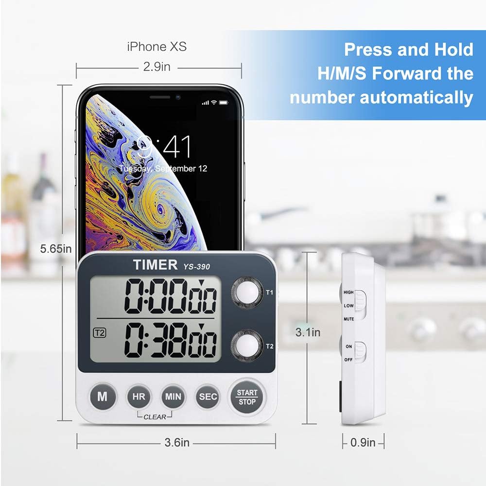Digital Kitchen Cooking Timer, Dual Count Up & Down with Magnetic Back, Large Display, Adjustable Volume and Flashing Alarm Light, ON/Off Switch Stopwatch, Battery Included