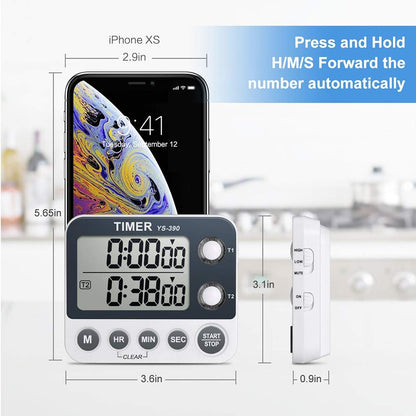 Digital Kitchen Cooking Timer, Dual Count Up & Down with Magnetic Back, Large Display, Adjustable Volume and Flashing Alarm Light, ON/Off Switch Stopwatch, Battery Included