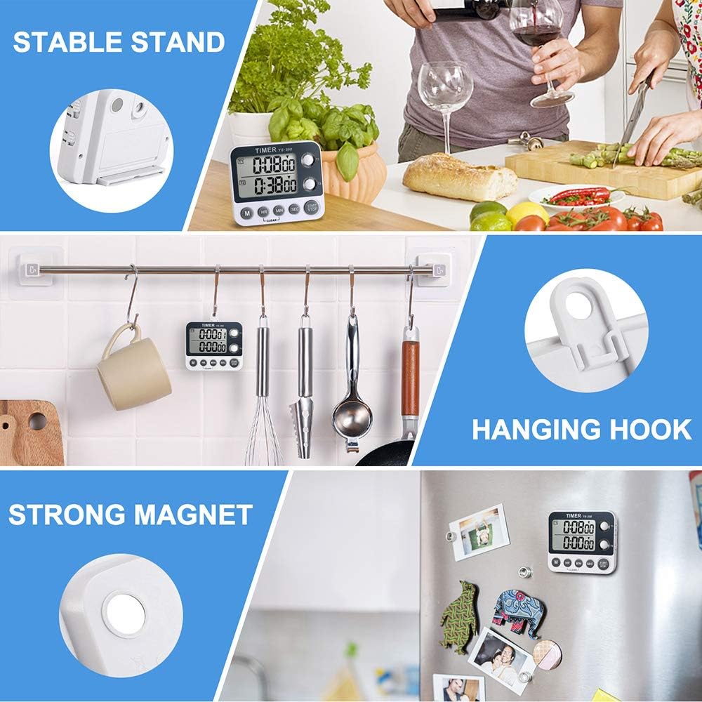 Digital Kitchen Cooking Timer, Dual Count Up & Down with Magnetic Back, Large Display, Adjustable Volume and Flashing Alarm Light, ON/Off Switch Stopwatch, Battery Included