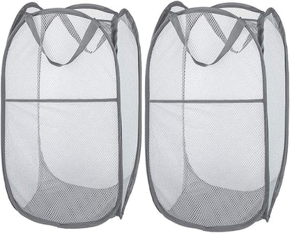 2 Pcs Popup Mesh Laundry Baskets, Collapsible and Portable Clothes Washing Laundry Hampers with Reinforced Carry Handles, Gray Clothes Hamper for Home, Travel, College Dorm