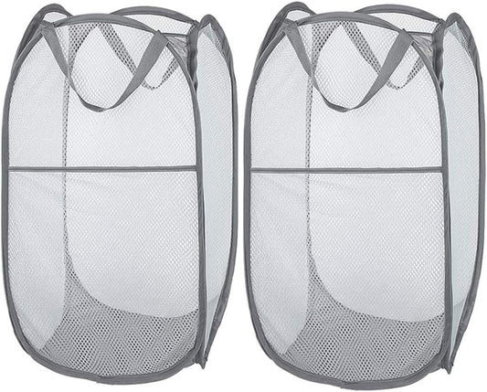 2 Pcs Popup Mesh Laundry Baskets, Collapsible and Portable Clothes Washing Laundry Hampers with Reinforced Carry Handles, Gray Clothes Hamper for Home, Travel, College Dorm