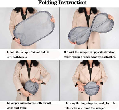 2 Pcs Popup Mesh Laundry Baskets, Collapsible and Portable Clothes Washing Laundry Hampers with Reinforced Carry Handles, Gray Clothes Hamper for Home, Travel, College Dorm