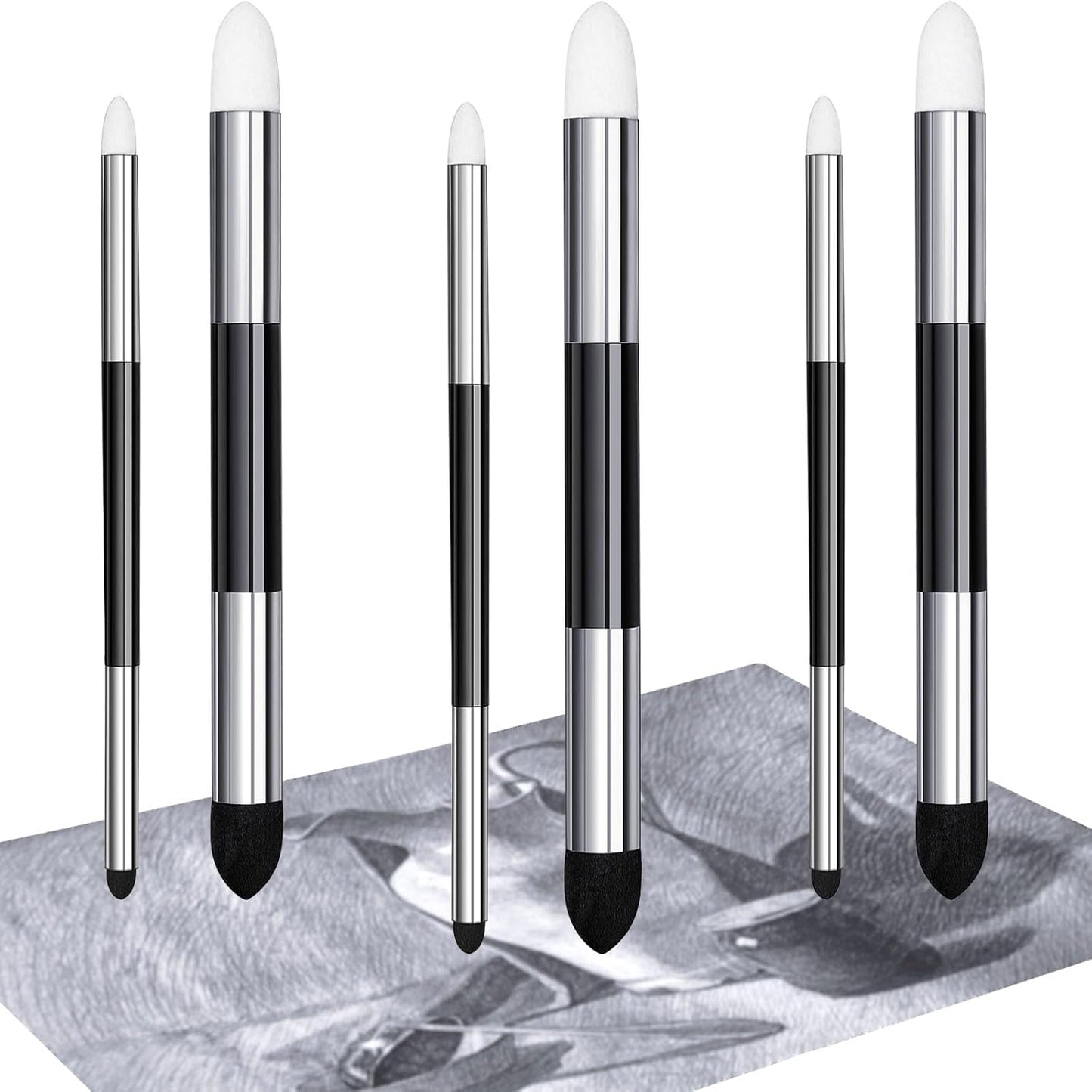 6 Pcs Blending Sponge Pen Double Headed Rub and Buff Washable Sketch Rubbing Sponge Brush Wipe Reusable Blending Stump Drawing Art Blenders for Artist Highlight Shadow Detail Tool (White,Black)