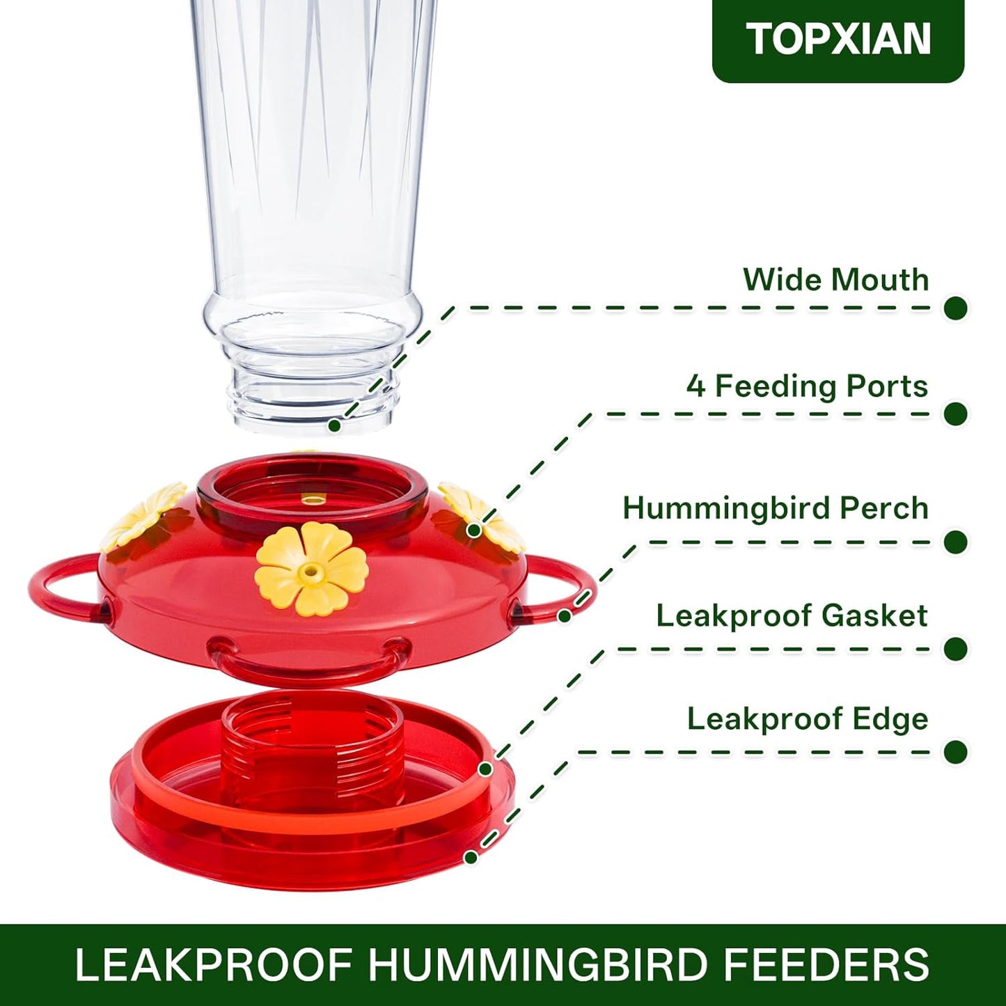 Plastic Hummingbird Feeder, 2-Pack 14 OZ Ant & Bee Proof Hummingbird Feeders for Outdoors Hanging, Leak-Proof Nectar Feeders with 4 Feeding Ports and Perches, Gifts for Mom, Birdlovers