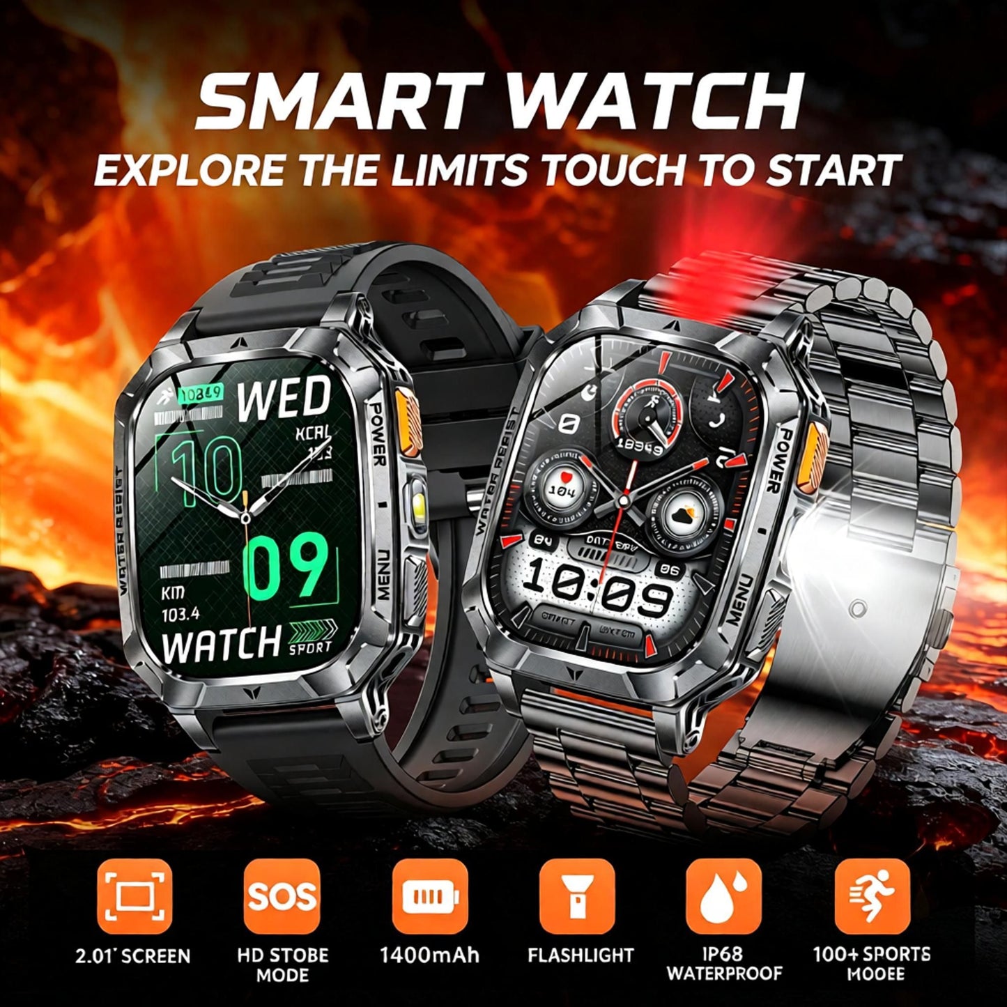Smart Watch with Bluetooth Calling - Square Screen Fitness Tracker with 1400mAh Battery 8-10 Days Use - Waterproof Smartwatch for Men - Green Camo