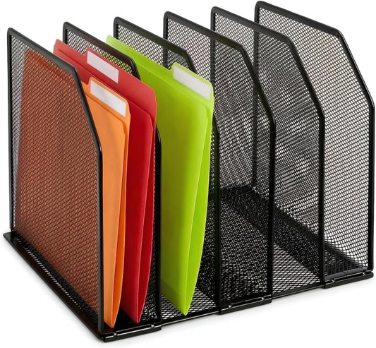 Adjustable Desk File Organizer, 5 Sections Upright Desktop Standing Wire Mesh Paper Divider, Sturdy Metal Folder Sorter for Office Supplies