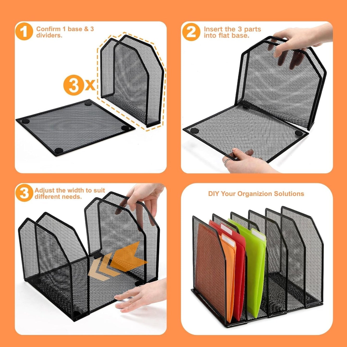 Adjustable Desk File Organizer, 5 Sections Upright Desktop Standing Wire Mesh Paper Divider, Sturdy Metal Folder Sorter for Office Supplies