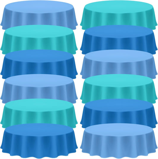 12 Pcs Ocean Theme Round Tablecloth,disposable Assorted Blue Tablecloth, Plastic Light Table Covers for Under the Sea Beach Surf Pool Party Birthday Decoration, 84" Inch