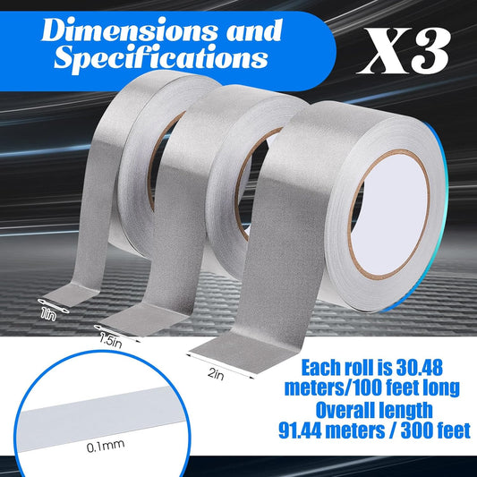 3 Roll Double Conductive Fabric Tape Cloth Adhesive Roll(1in x 100ft, 1.5in 2in 100ft)  1in 100ft