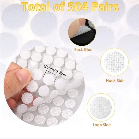 1008 Self-Adhesive Hook and Loop Dots - Petluno 10mm White Hook and Loop Stick on Dots, Round Hook and Loop Fasteners, Self Adhesive Hook and Loop Tape Strips for School Learning Materials, Christmas Cards, Binder Wallets 504