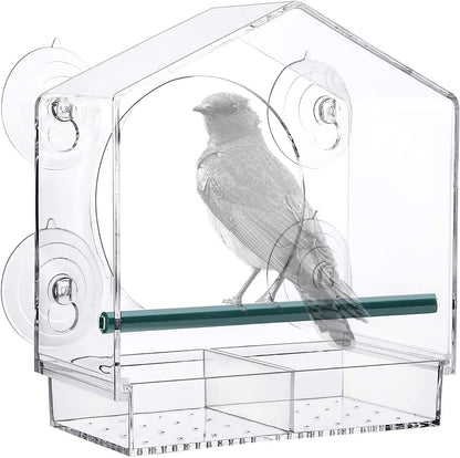 Strong suction window bird feeder, large capacity window bird feeder with removable seed tray and drainage holes for bird food, suitable for Dunnock, Blue Tit, Robin and small wild birds, 21 cm x 20 cm x 10 cm