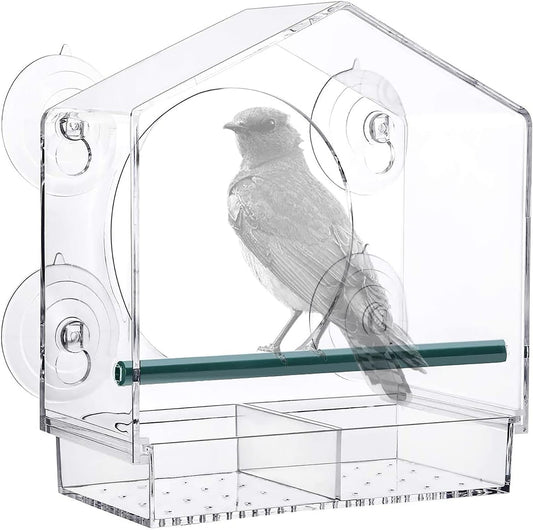 Strong suction window bird feeder, large capacity window bird feeder with removable seed tray and drainage holes for bird food, suitable for Dunnock, Blue Tit, Robin and small wild birds, 21 cm x 20 cm x 10 cm