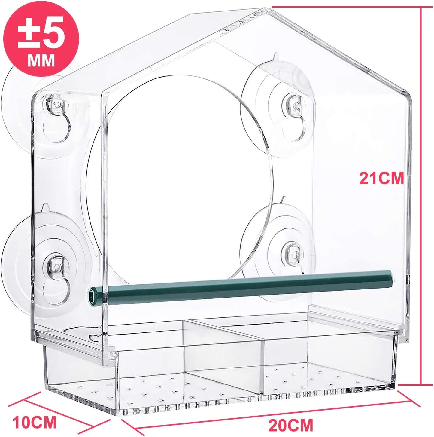 Strong suction window bird feeder, large capacity window bird feeder with removable seed tray and drainage holes for bird food, suitable for Dunnock, Blue Tit, Robin and small wild birds, 21 cm x 20 cm x 10 cm