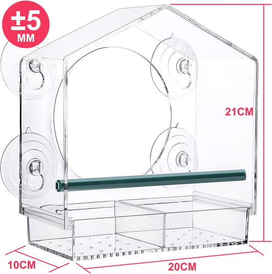 Strong suction window bird feeder, large capacity window bird feeder with removable seed tray and drainage holes for bird food, suitable for Dunnock, Blue Tit, Robin and small wild birds, 21 cm x 20 cm x 10 cm