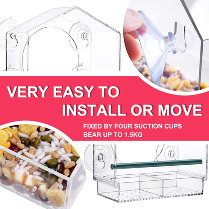 Strong suction window bird feeder, large capacity window bird feeder with removable seed tray and drainage holes for bird food, suitable for Dunnock, Blue Tit, Robin and small wild birds, 21 cm x 20 cm x 10 cm