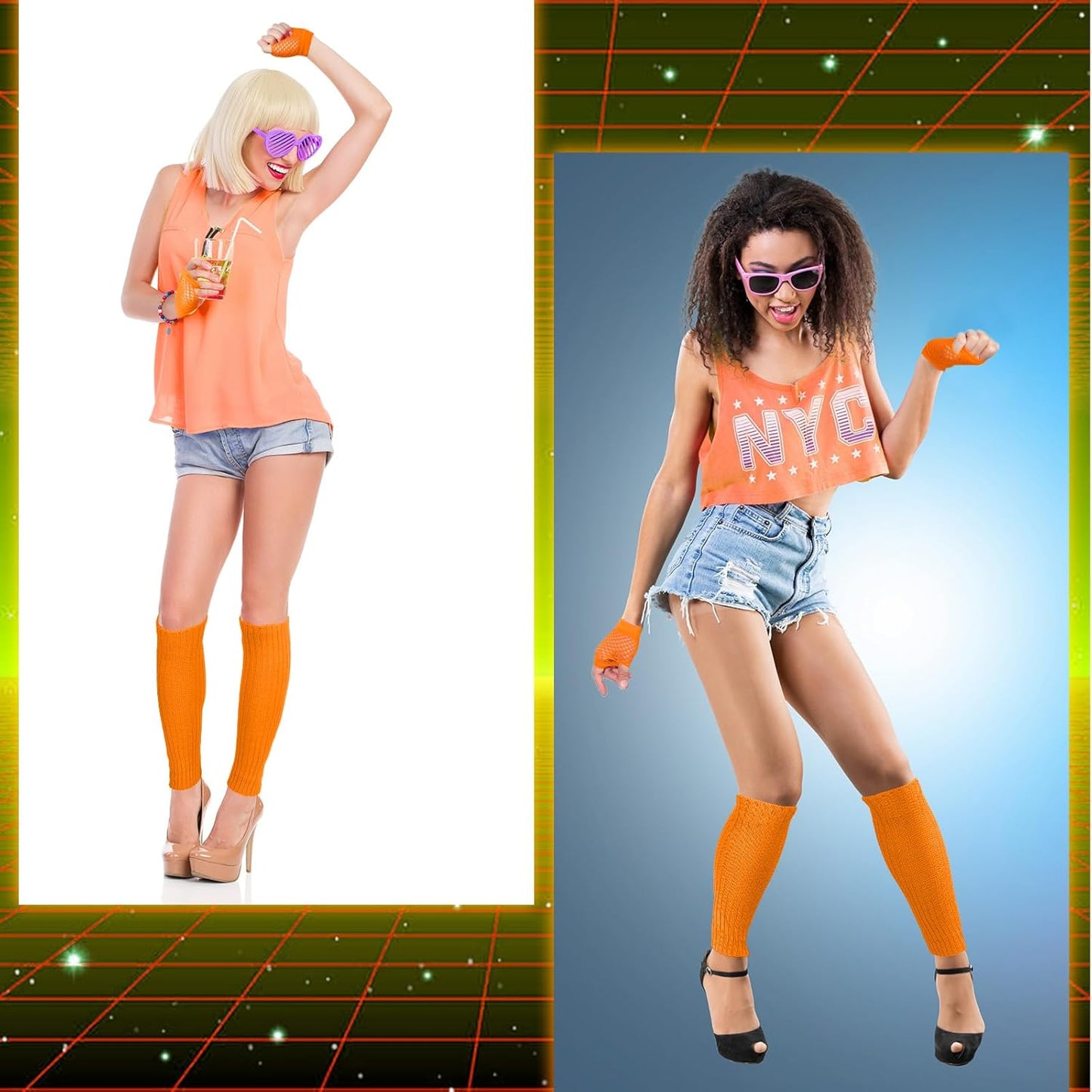 Petluno Elastic Neon Leg Warmers and Fingerless Gloves, 80s Set, Costume Accessory (Orange), Orange, One Size