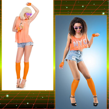 Petluno Elastic Neon Leg Warmers and Fingerless Gloves, 80s Set, Costume Accessory (Orange), Orange, One Size