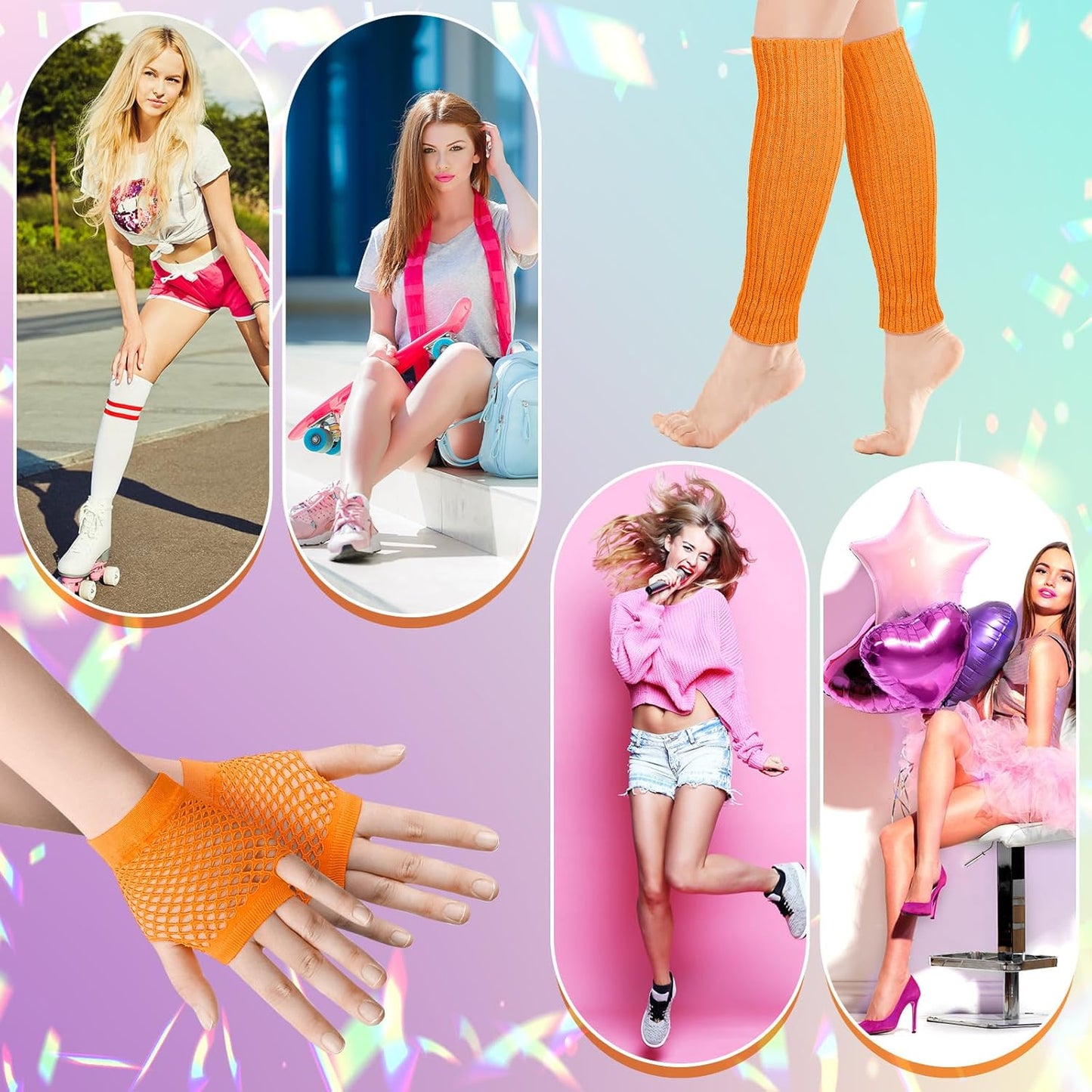 Petluno Elastic Neon Leg Warmers and Fingerless Gloves, 80s Set, Costume Accessory (Orange), Orange, One Size